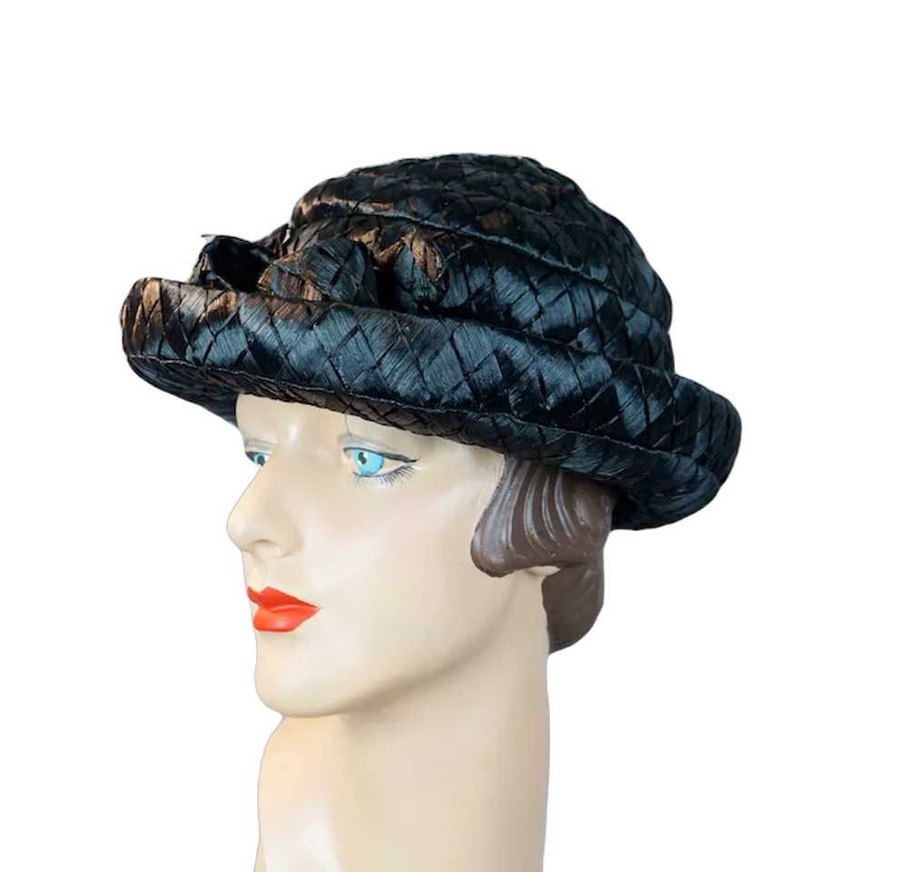 60s Black Wide Weave Raffia Straw Breton Hat by D… - image 3