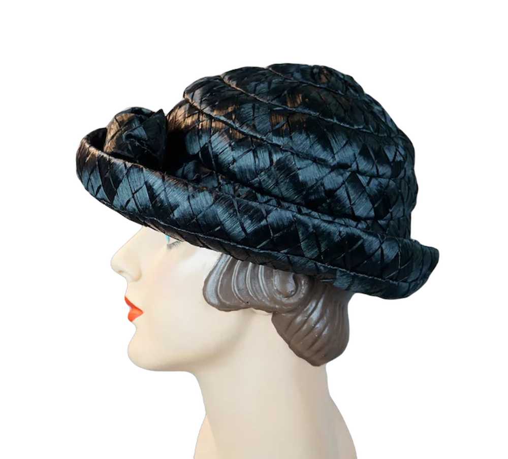 60s Black Wide Weave Raffia Straw Breton Hat by D… - image 4