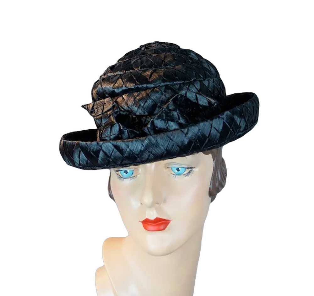 60s Black Wide Weave Raffia Straw Breton Hat by D… - image 6