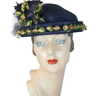 50s Navy Blue Straw Bonnet with Silk Rosebuds - image 1