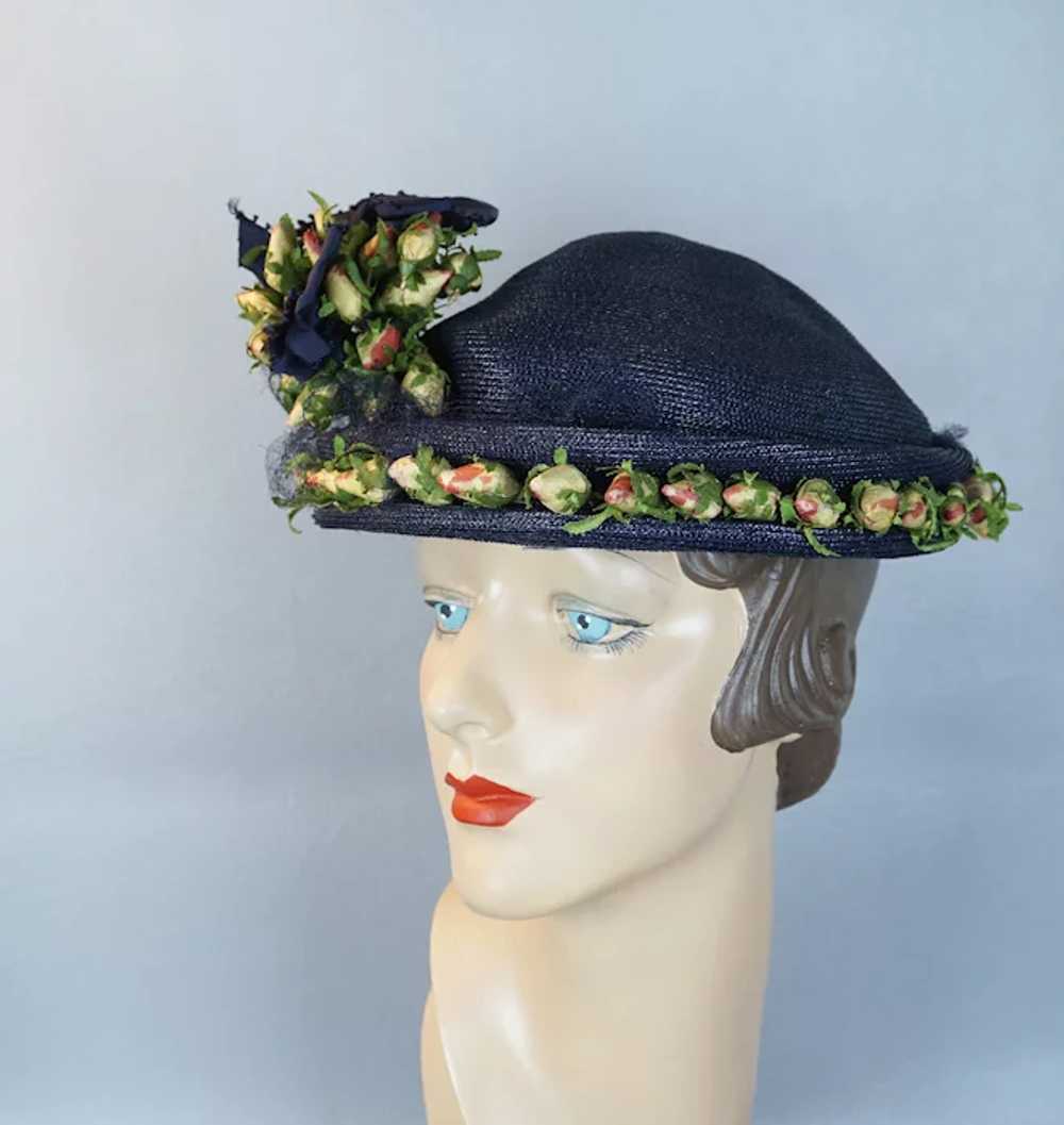 50s Navy Blue Straw Bonnet with Silk Rosebuds - image 2