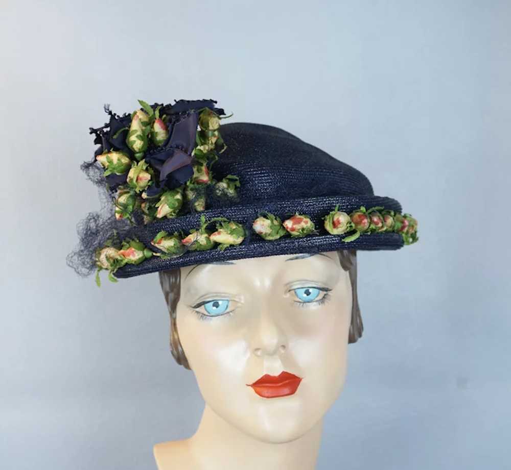 50s Navy Blue Straw Bonnet with Silk Rosebuds - image 3