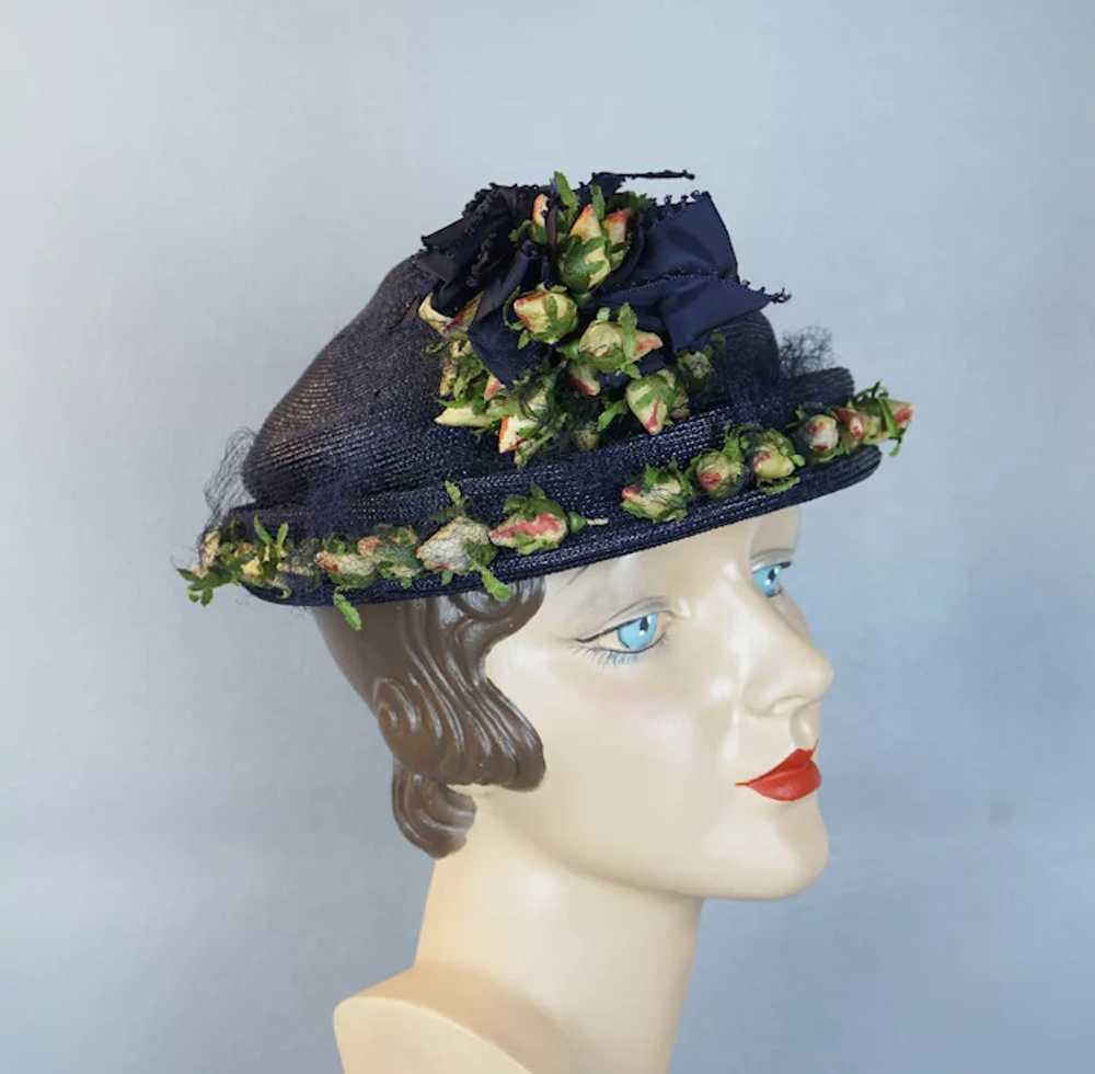 50s Navy Blue Straw Bonnet with Silk Rosebuds - image 4