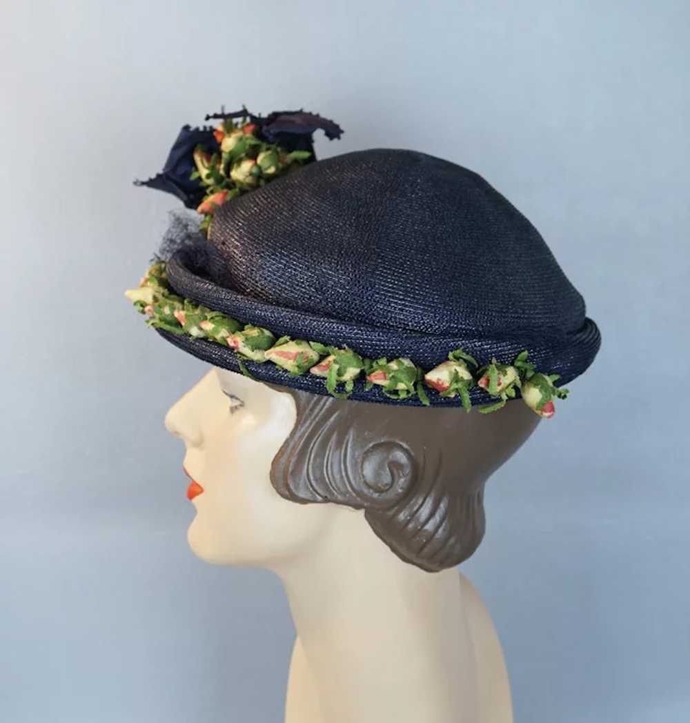 50s Navy Blue Straw Bonnet with Silk Rosebuds - image 6