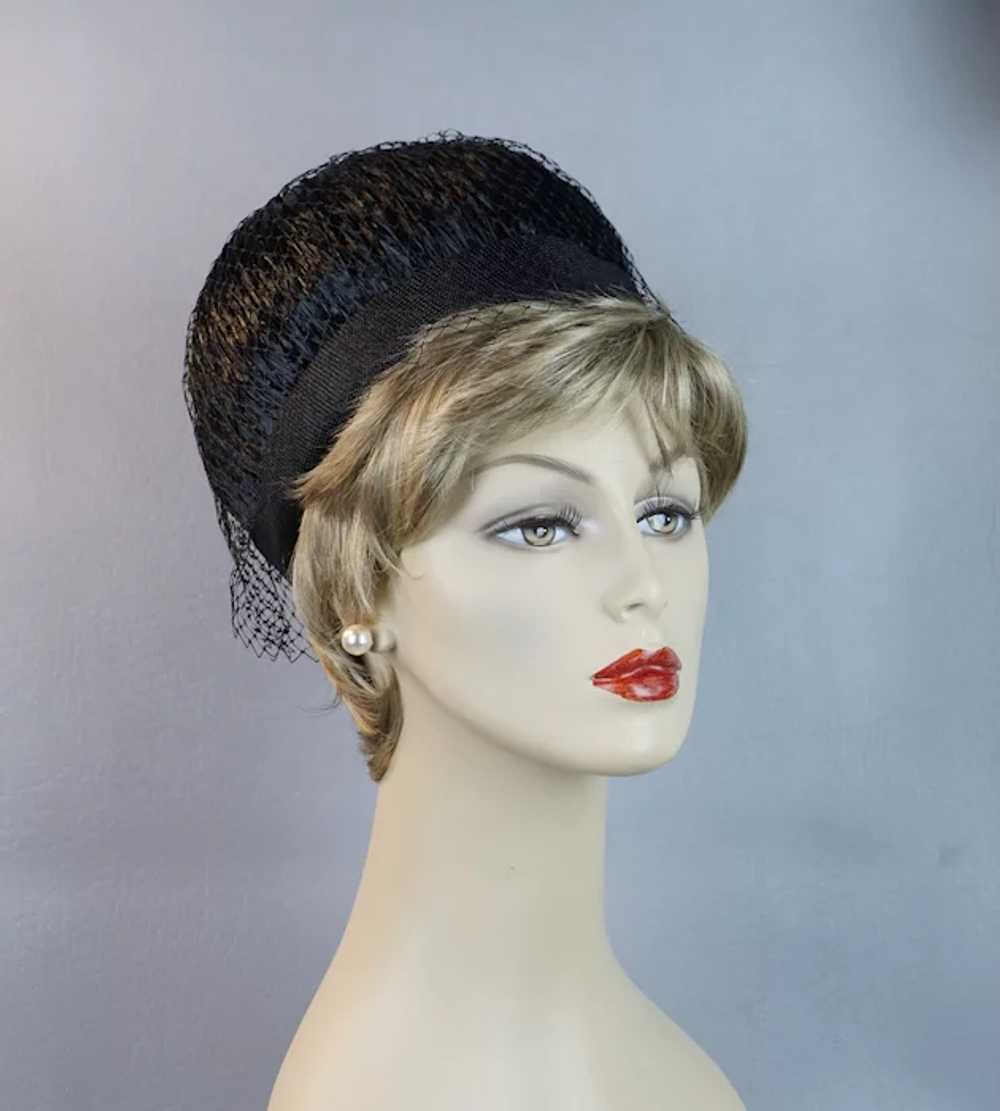 60s Black Straw Bubble Crown Pillbox Hat - image 2