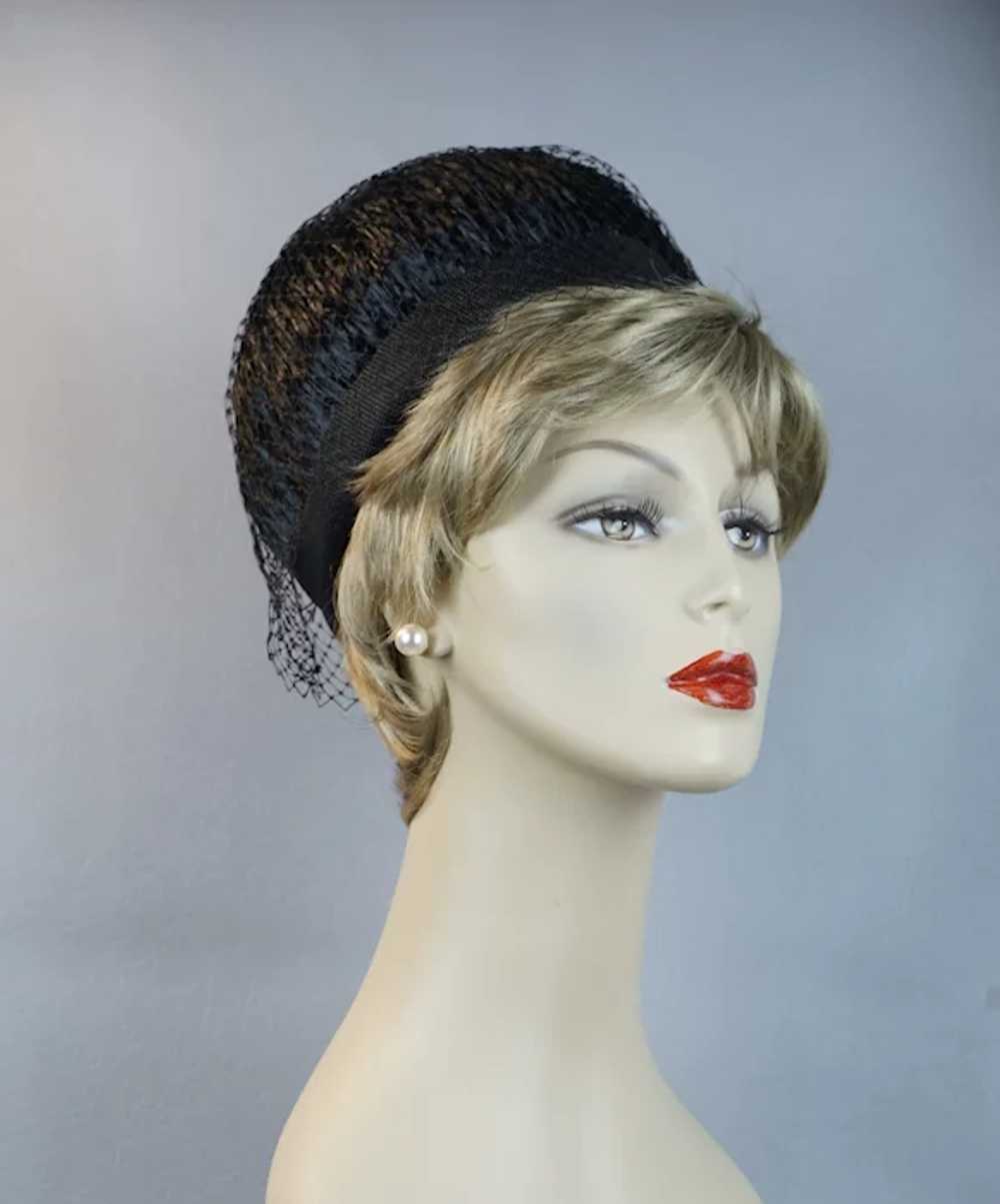 60s Black Straw Bubble Crown Pillbox Hat - image 8