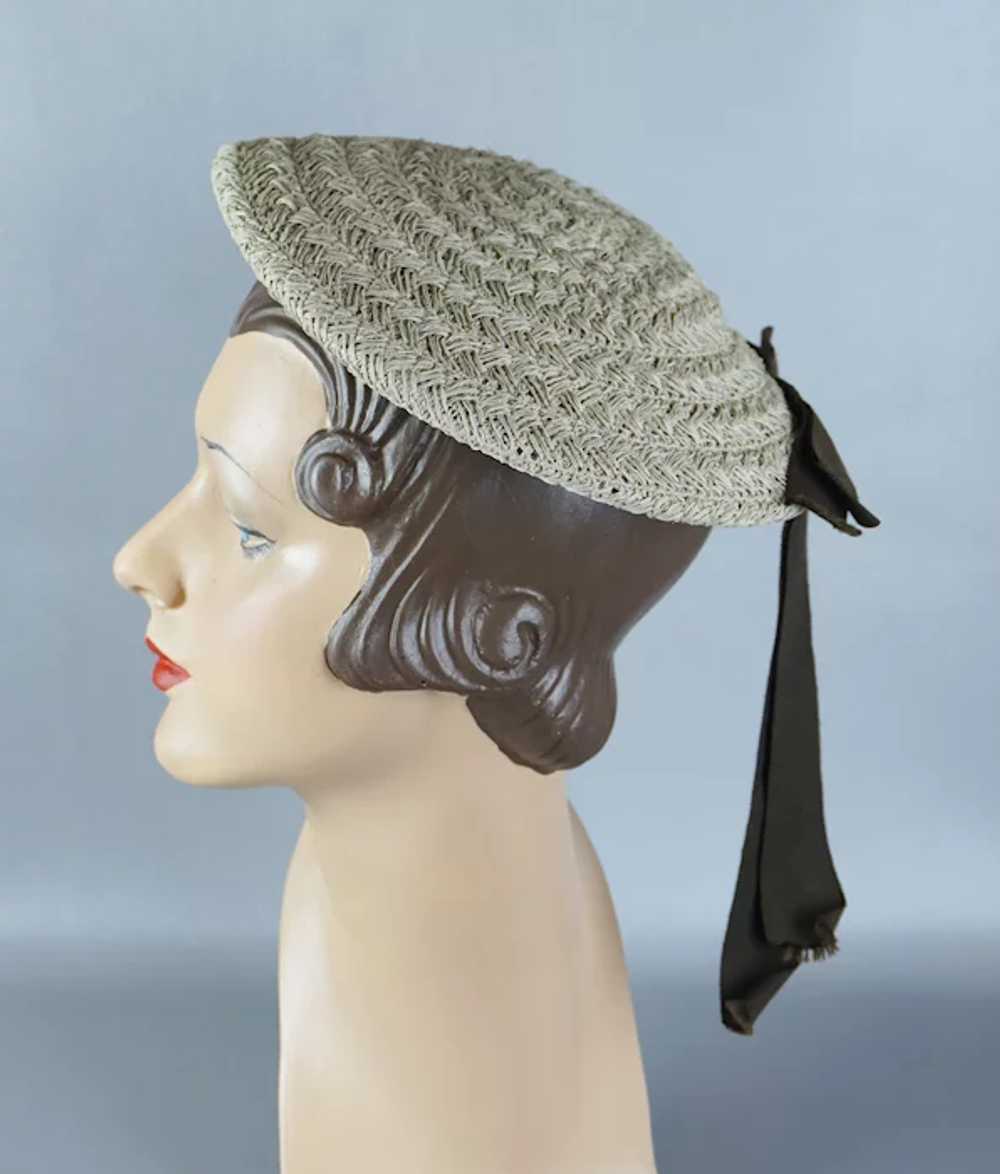 50s Beige Straw Banded Beret Hat with Brown Grosg… - image 10