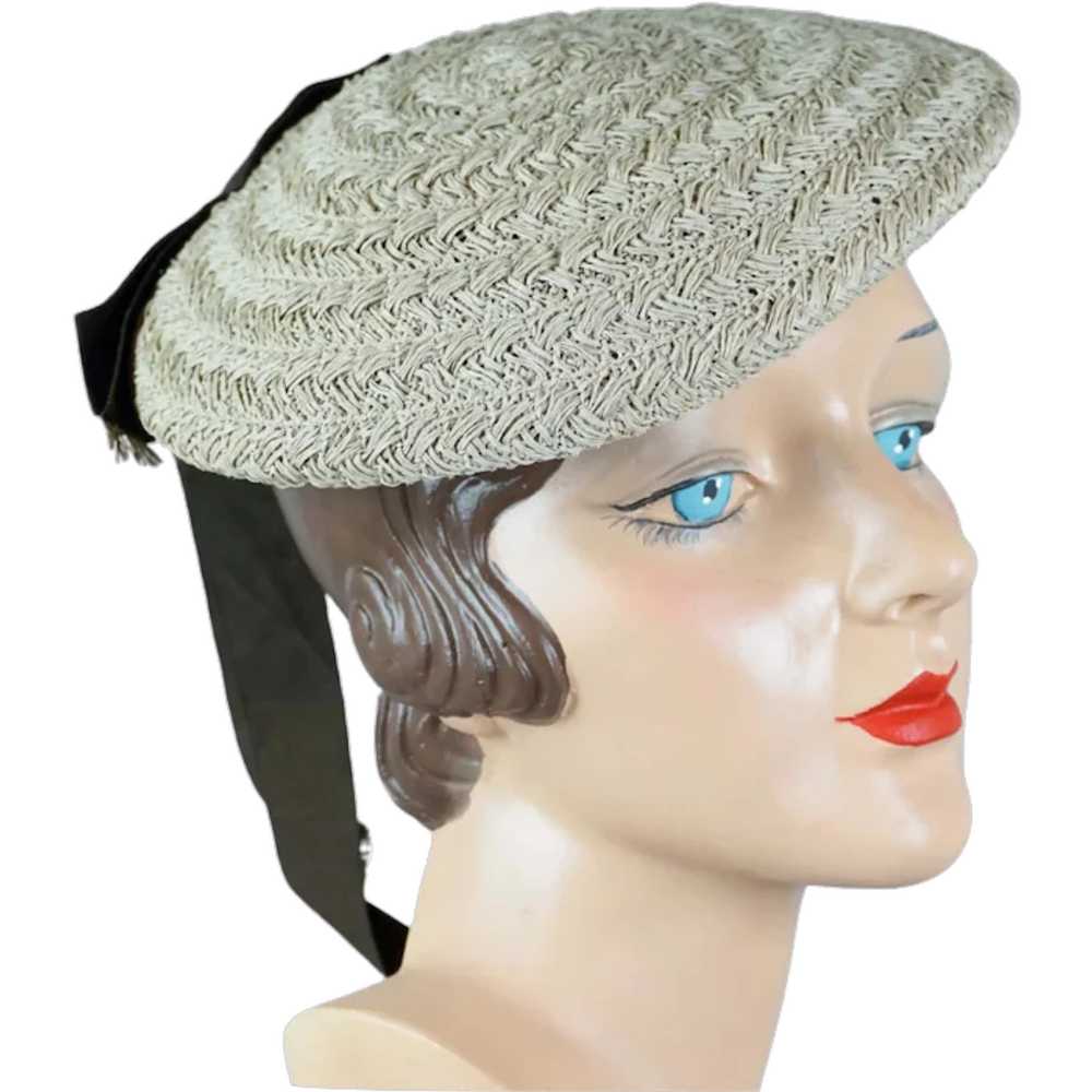 50s Beige Straw Banded Beret Hat with Brown Grosg… - image 1