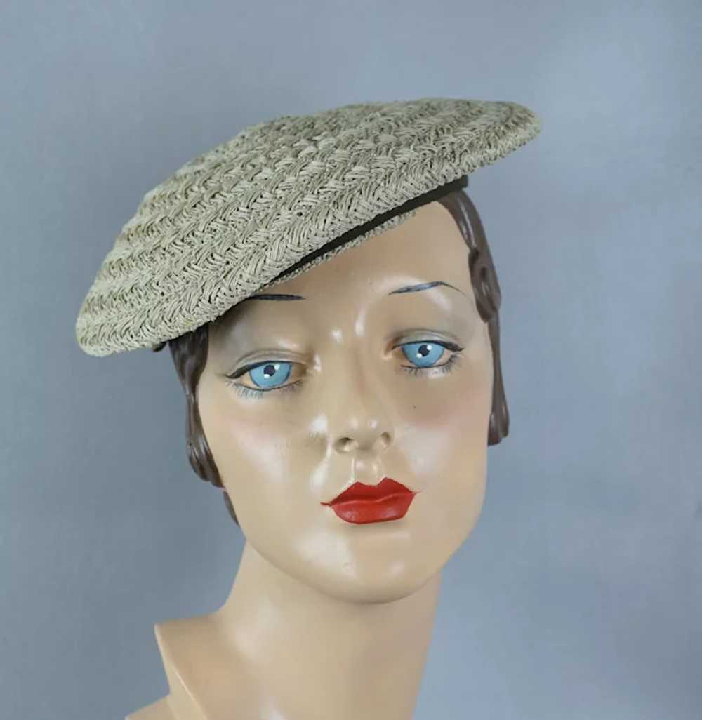 50s Beige Straw Banded Beret Hat with Brown Grosg… - image 2