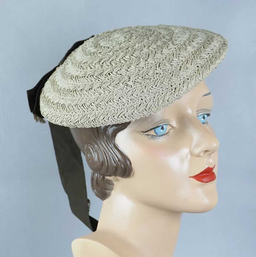 50s Beige Straw Banded Beret Hat with Brown Grosg… - image 3
