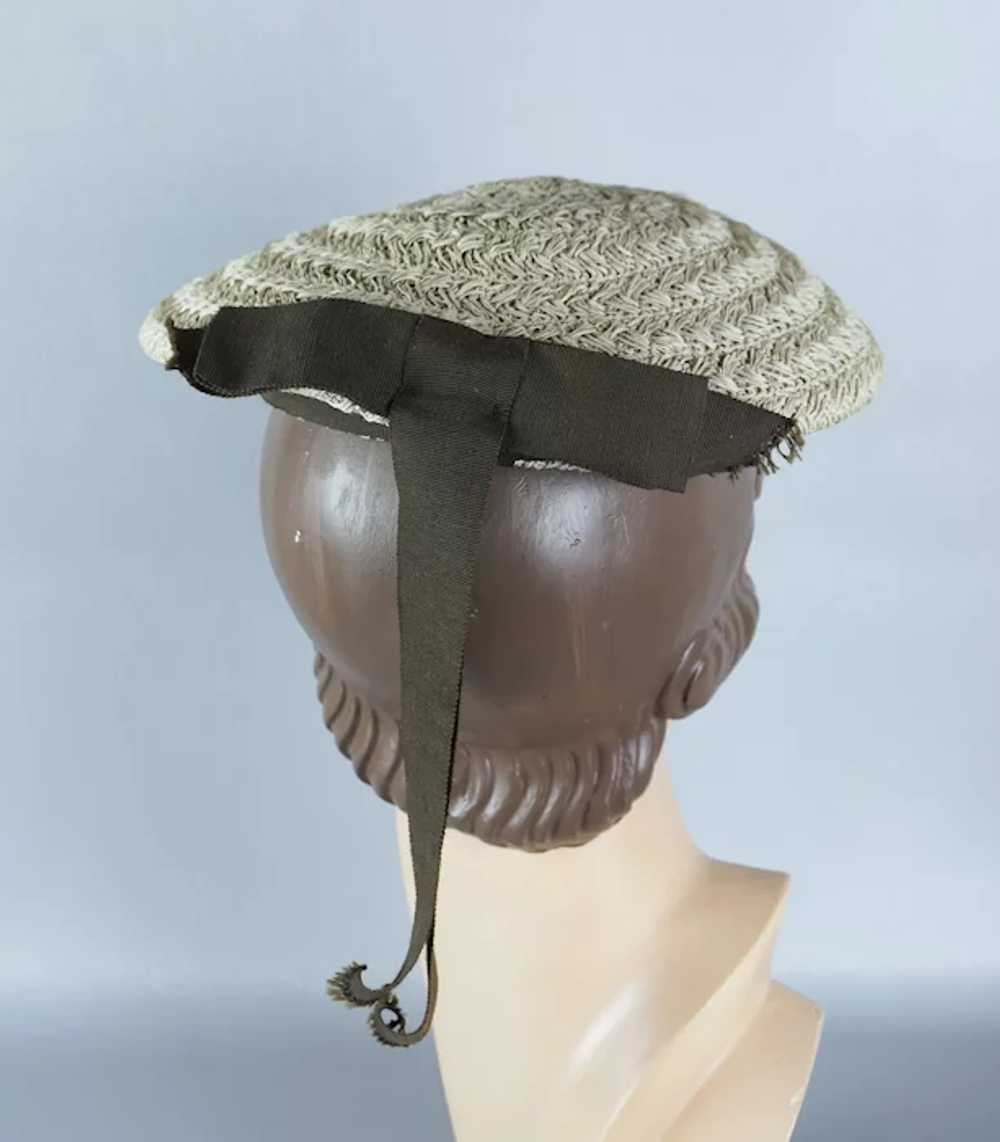 50s Beige Straw Banded Beret Hat with Brown Grosg… - image 4