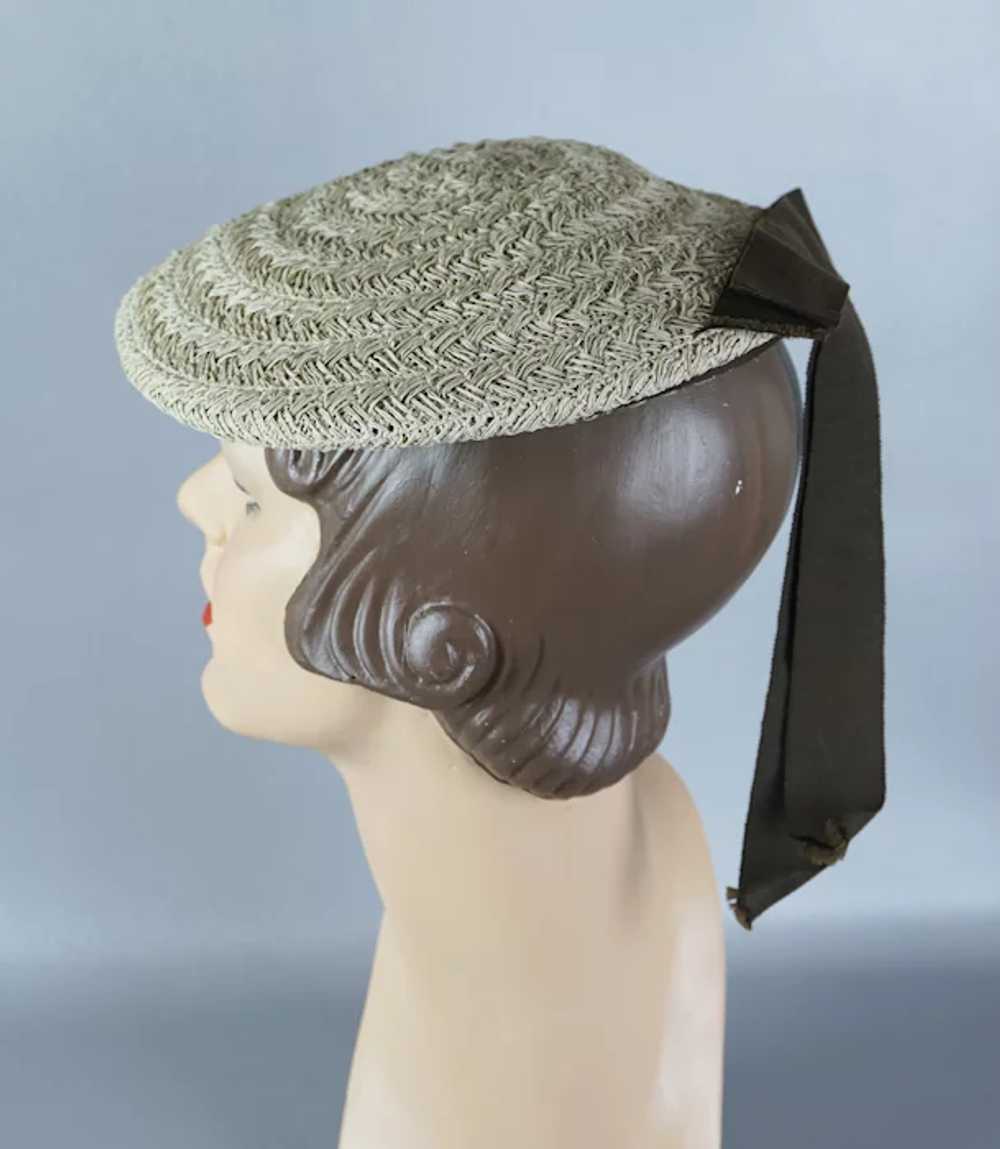 50s Beige Straw Banded Beret Hat with Brown Grosg… - image 5