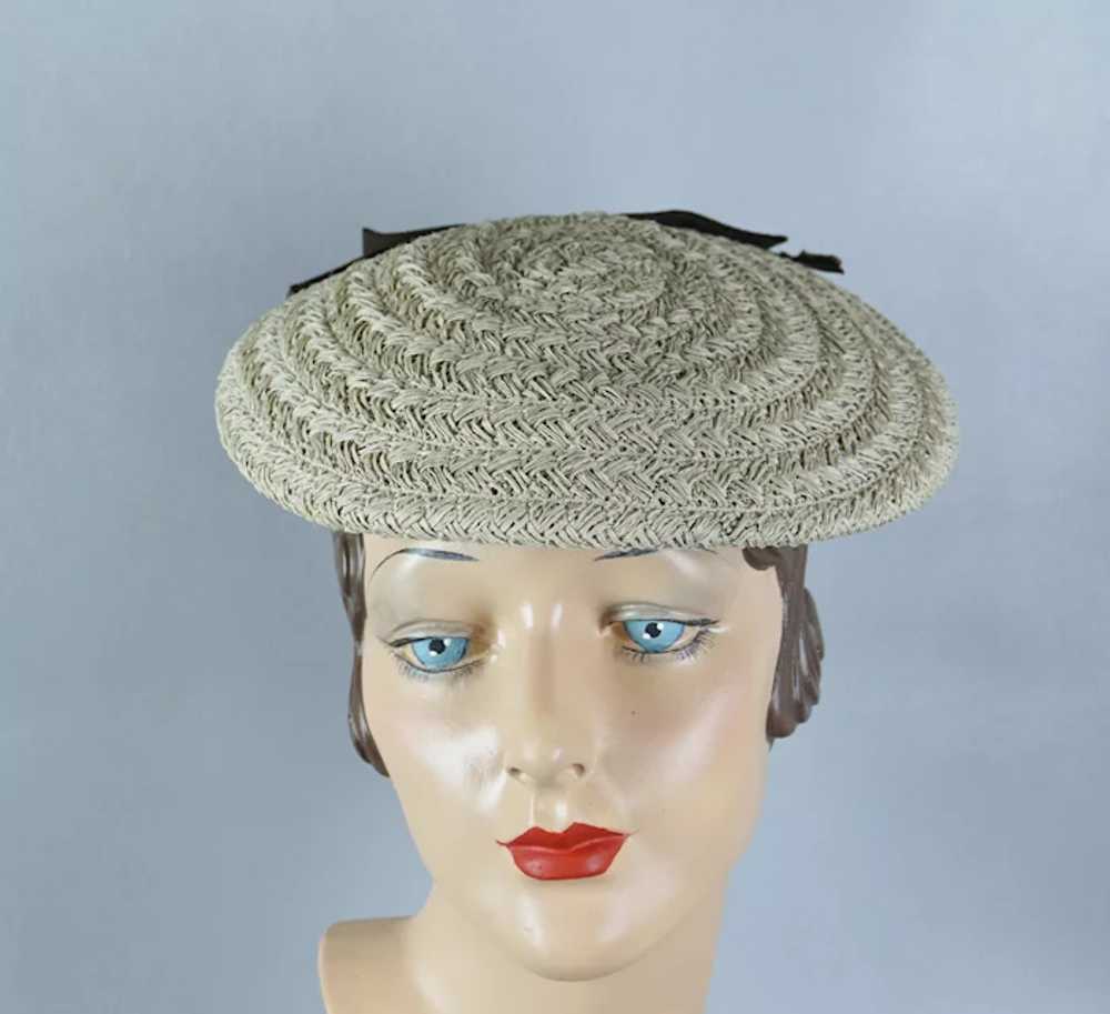50s Beige Straw Banded Beret Hat with Brown Grosg… - image 6