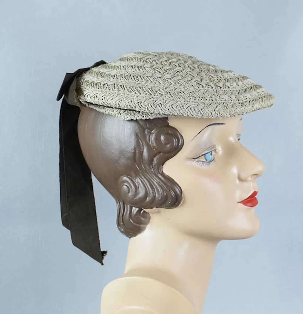 50s Beige Straw Banded Beret Hat with Brown Grosg… - image 7