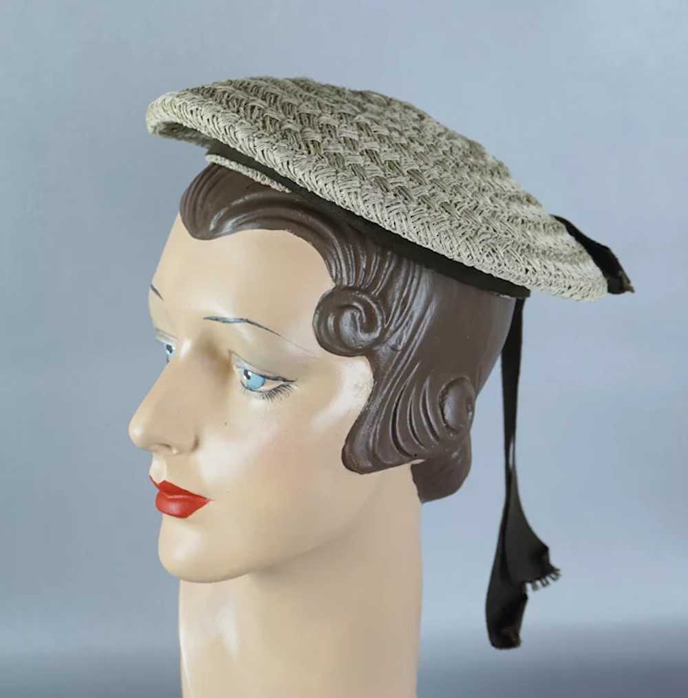50s Beige Straw Banded Beret Hat with Brown Grosg… - image 8