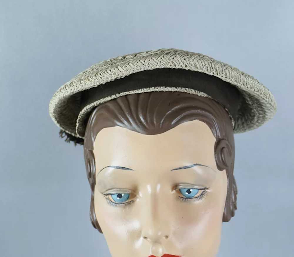 50s Beige Straw Banded Beret Hat with Brown Grosg… - image 9