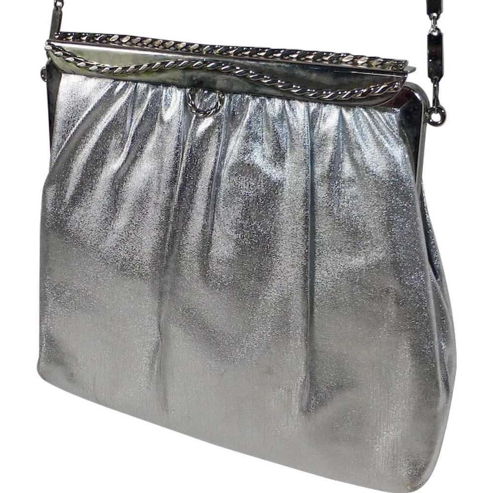 Bright Silver Fabric Purse Long Flat Chain Handle - image 1