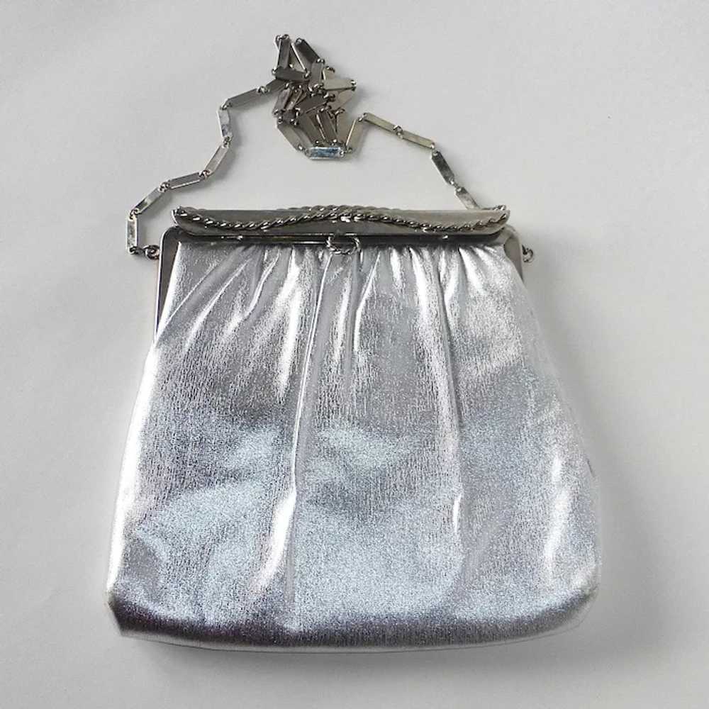 Bright Silver Fabric Purse Long Flat Chain Handle - image 2