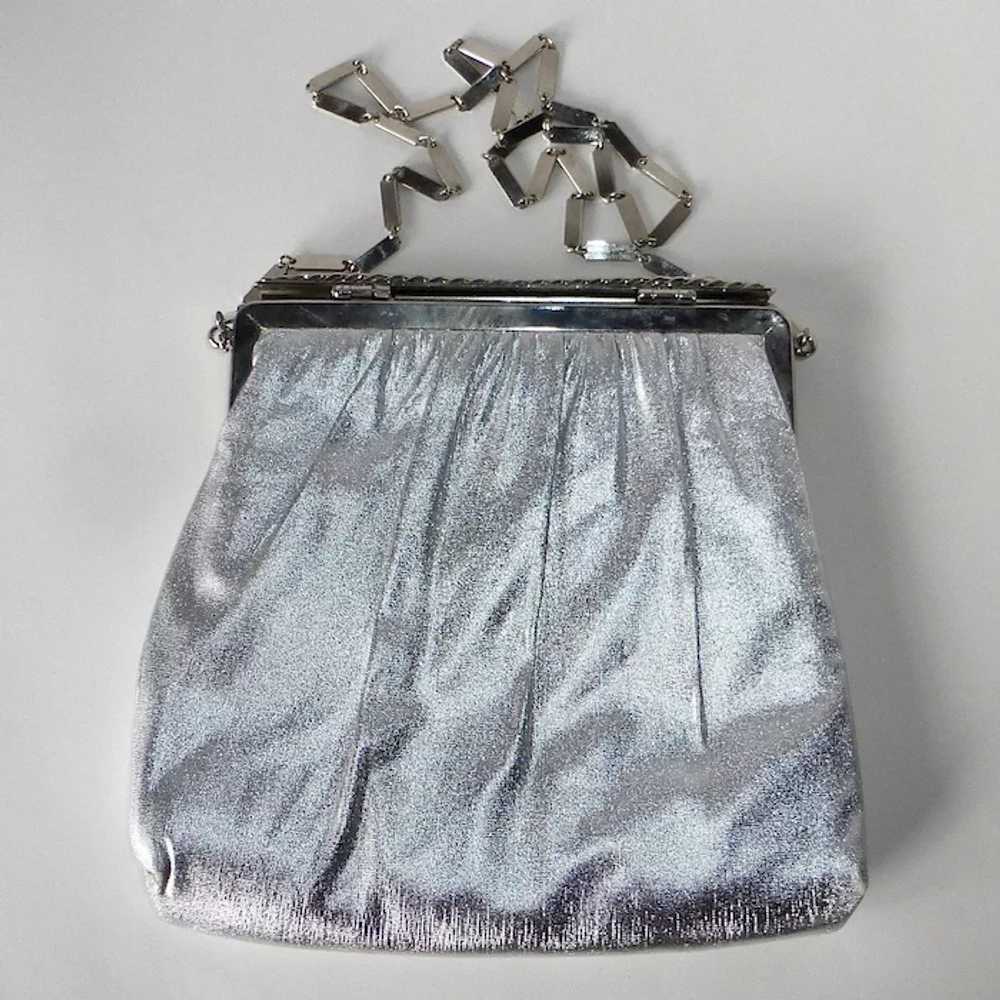 Bright Silver Fabric Purse Long Flat Chain Handle - image 5