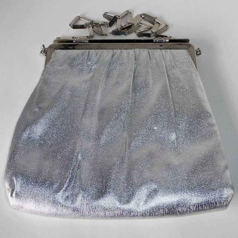 Bright Silver Fabric Purse Long Flat Chain Handle - image 8