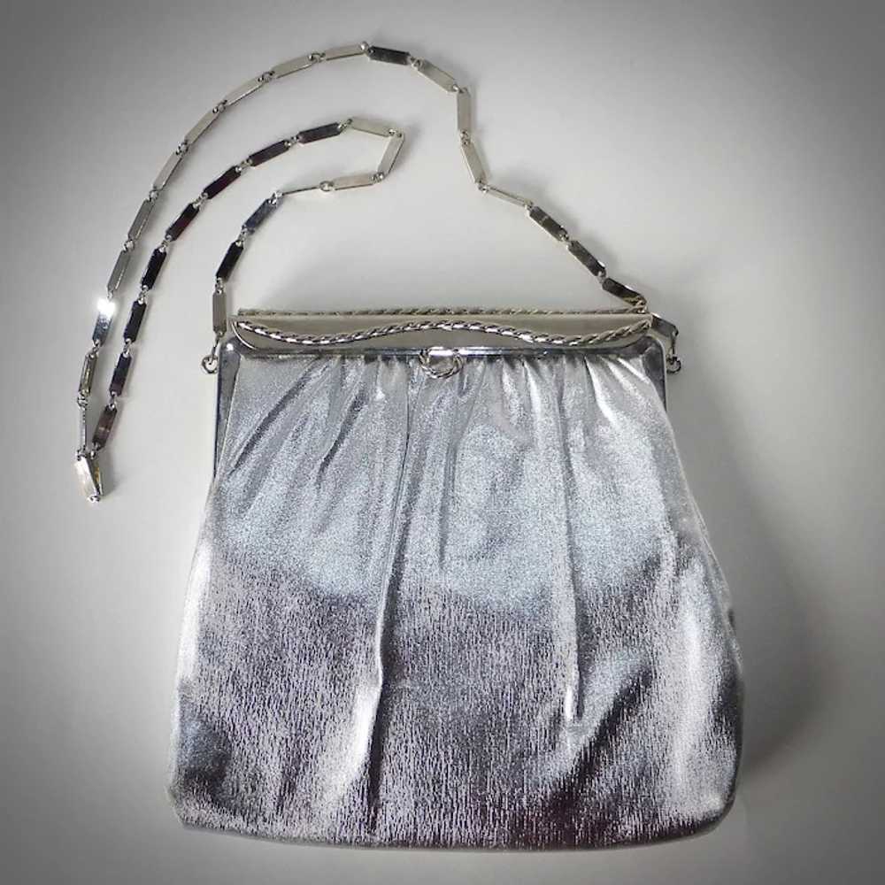 Bright Silver Fabric Purse Long Flat Chain Handle - image 9