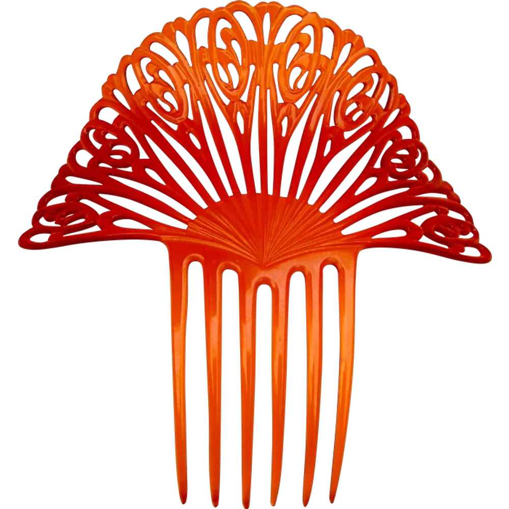 Large amber celluloid hair comb Spanish style Art… - image 1