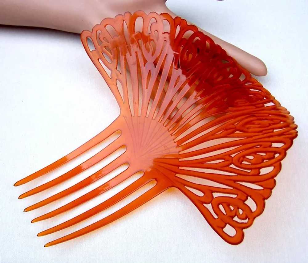 Large amber celluloid hair comb Spanish style Art… - image 5