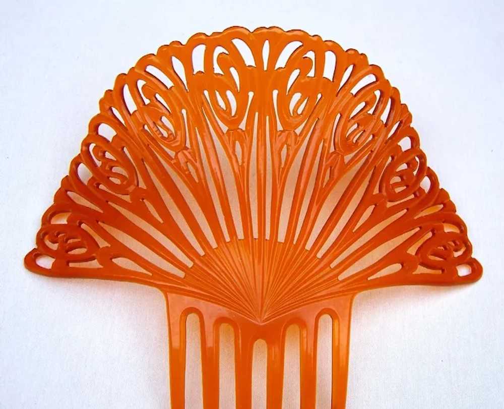 Large amber celluloid hair comb Spanish style Art… - image 6