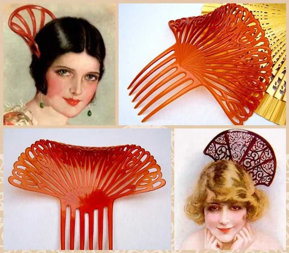 Large amber celluloid hair comb Spanish style Art… - image 9