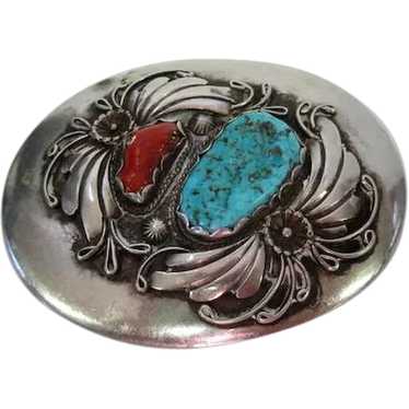 Pawn Turquoise & Coral Stone Belt Buckle - 3" x 2… - image 1