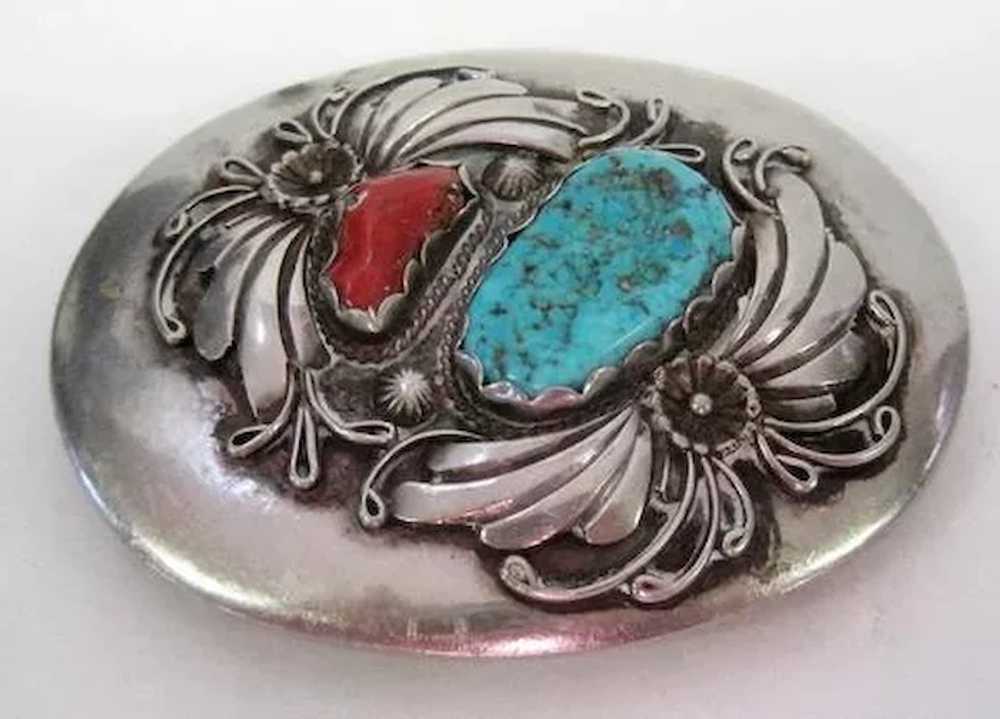Pawn Turquoise & Coral Stone Belt Buckle - 3" x 2… - image 2