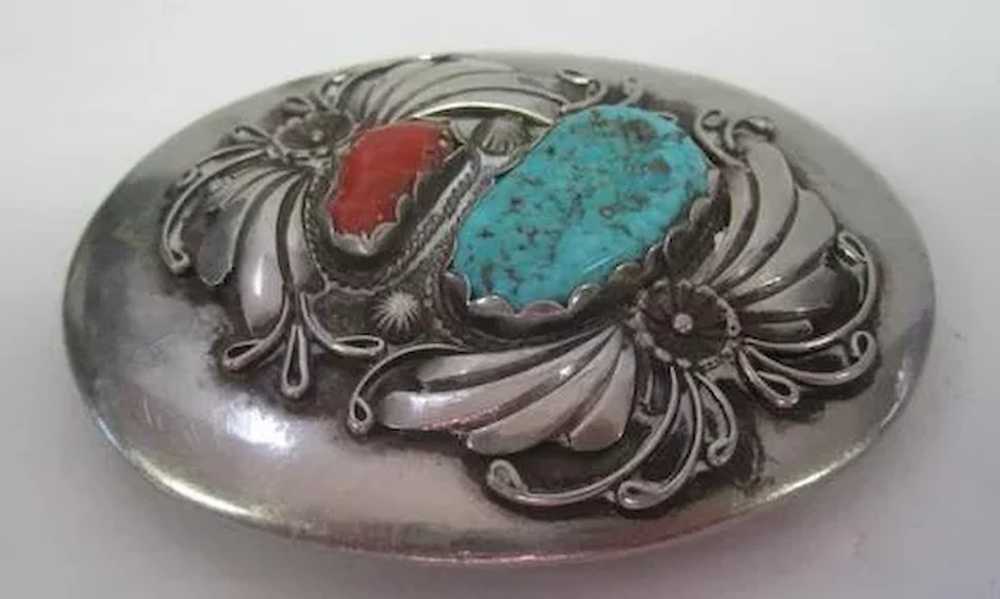 Pawn Turquoise & Coral Stone Belt Buckle - 3" x 2… - image 3