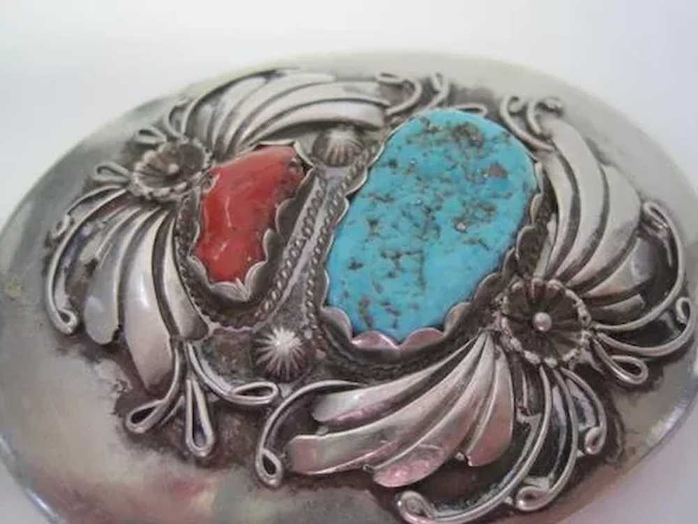 Pawn Turquoise & Coral Stone Belt Buckle - 3" x 2… - image 4