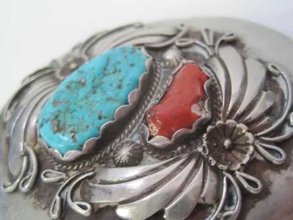 Pawn Turquoise & Coral Stone Belt Buckle - 3" x 2… - image 7
