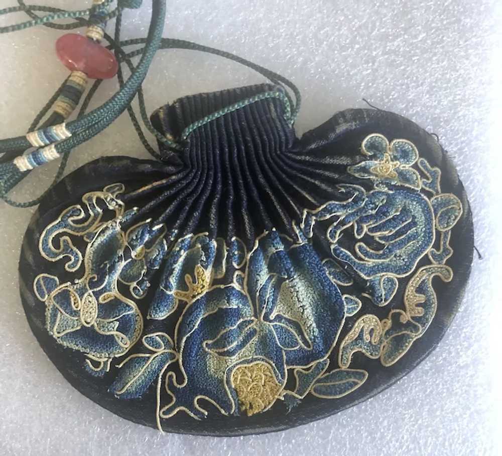 Antique Chinese Embroidered Scent Purse Blue Forb… - image 3