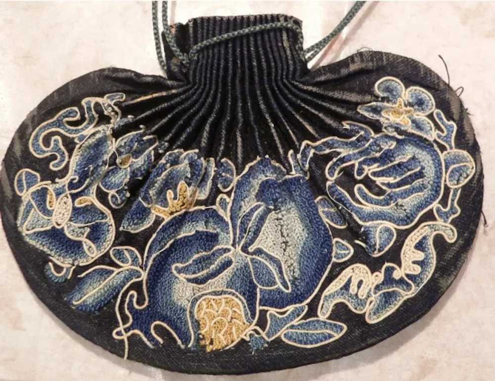 Antique Chinese Embroidered Scent Purse Blue Forb… - image 7