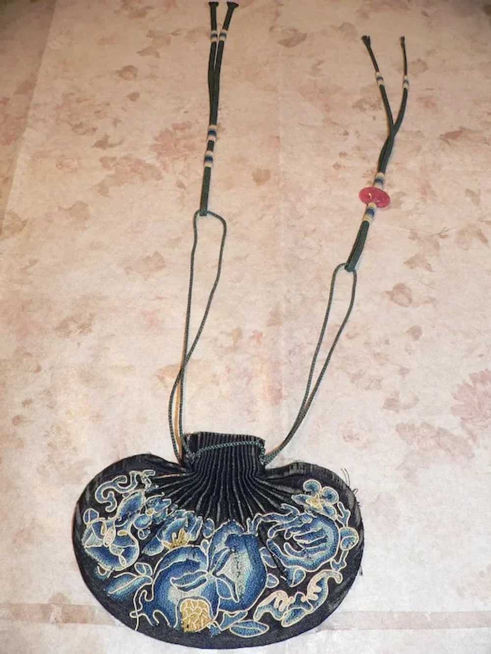 Antique Chinese Embroidered Scent Purse Blue Forb… - image 9