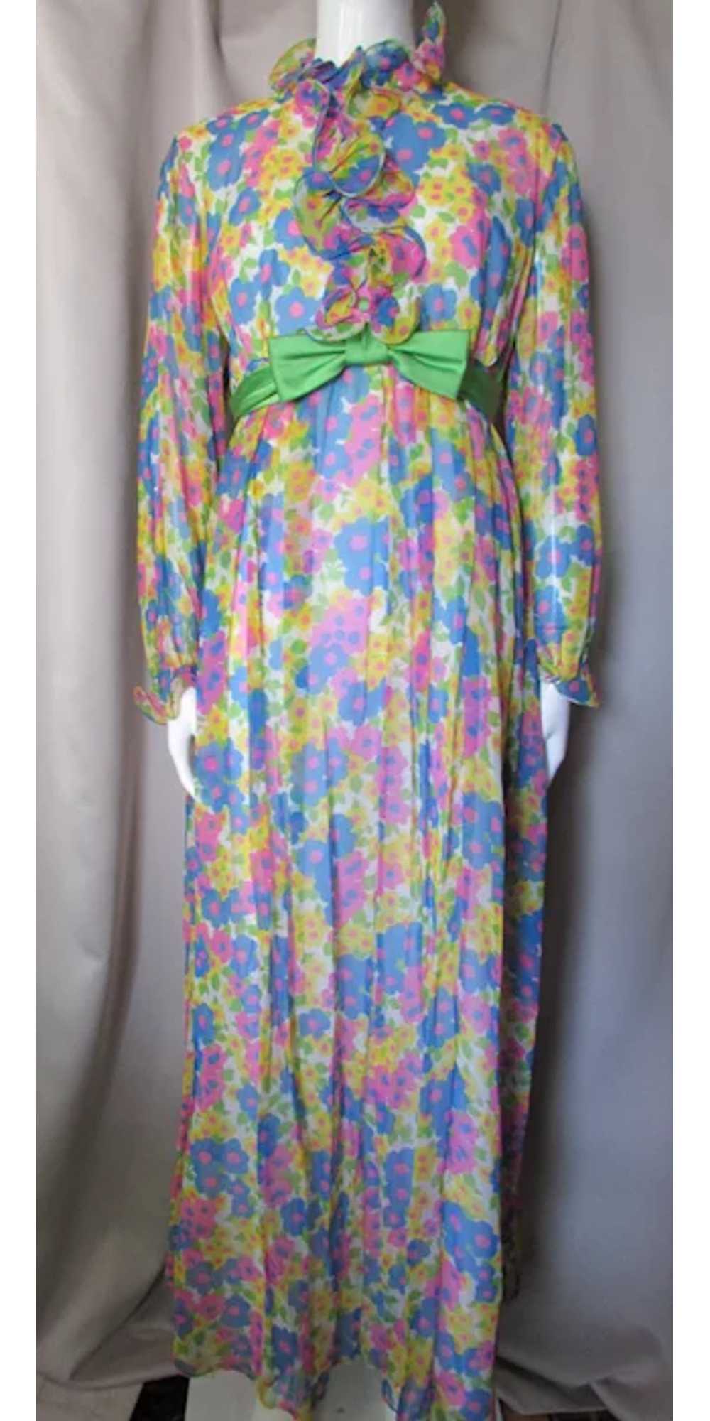1970 Era Long Gown in Bright Flowers Blue Pink Ye… - image 2