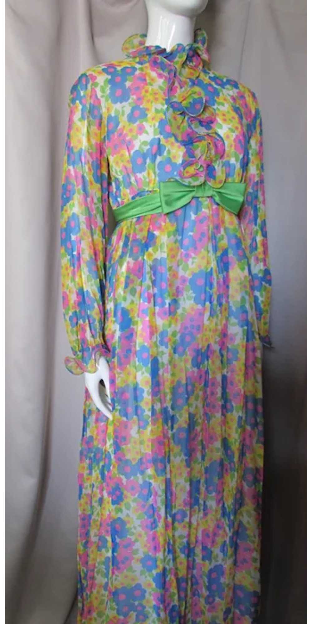 1970 Era Long Gown in Bright Flowers Blue Pink Ye… - image 3