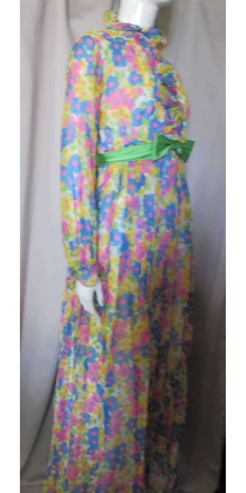 1970 Era Long Gown in Bright Flowers Blue Pink Ye… - image 4