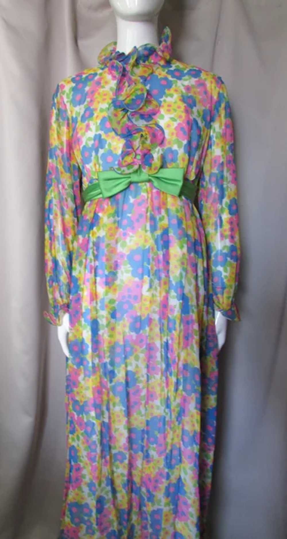 1970 Era Long Gown in Bright Flowers Blue Pink Ye… - image 5