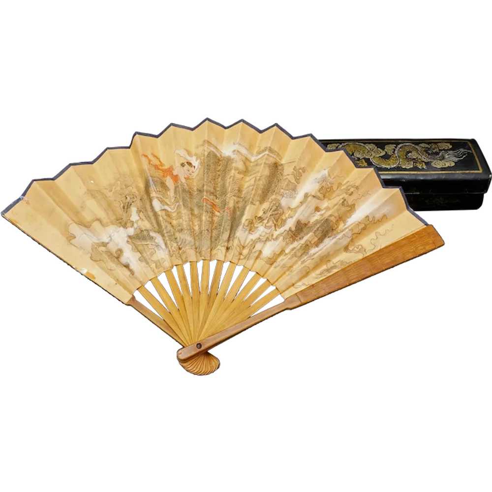 Hand-painted Chinese Fan with Leather Fan Box 19t… - image 1