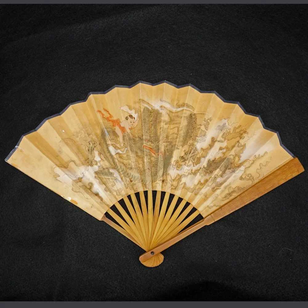 Hand-painted Chinese Fan with Leather Fan Box 19t… - image 2