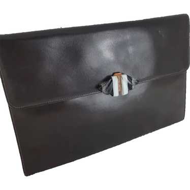 Vintage art deco 1930s brown leather clutch bag w… - image 1
