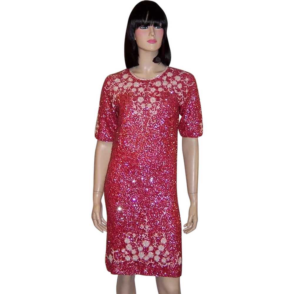 1960's Coral Sequined and White Beaded Dress Made… - image 1
