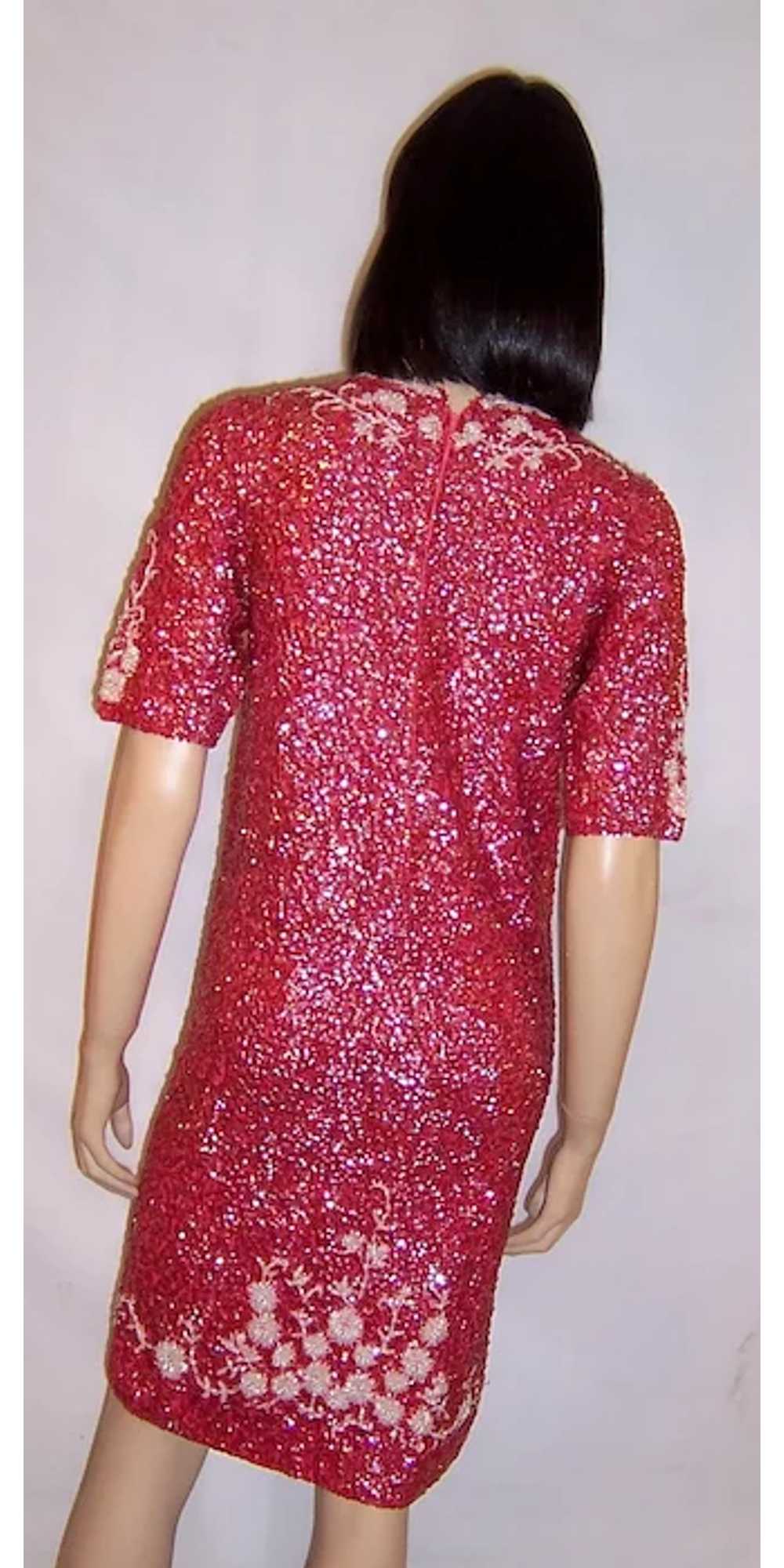 1960's Coral Sequined and White Beaded Dress Made… - image 3