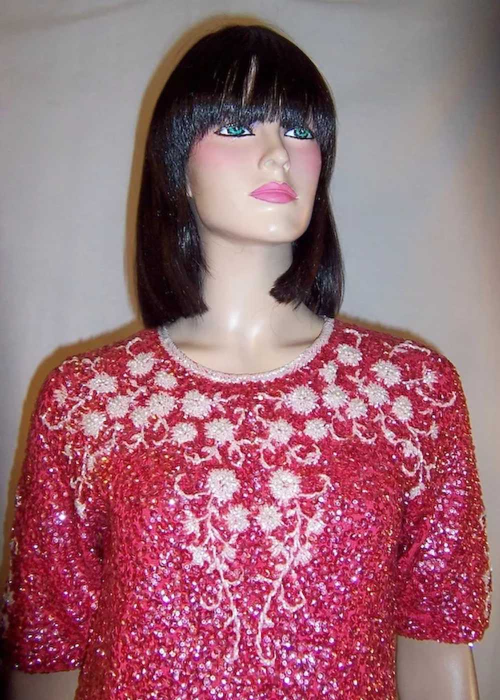 1960's Coral Sequined and White Beaded Dress Made… - image 5