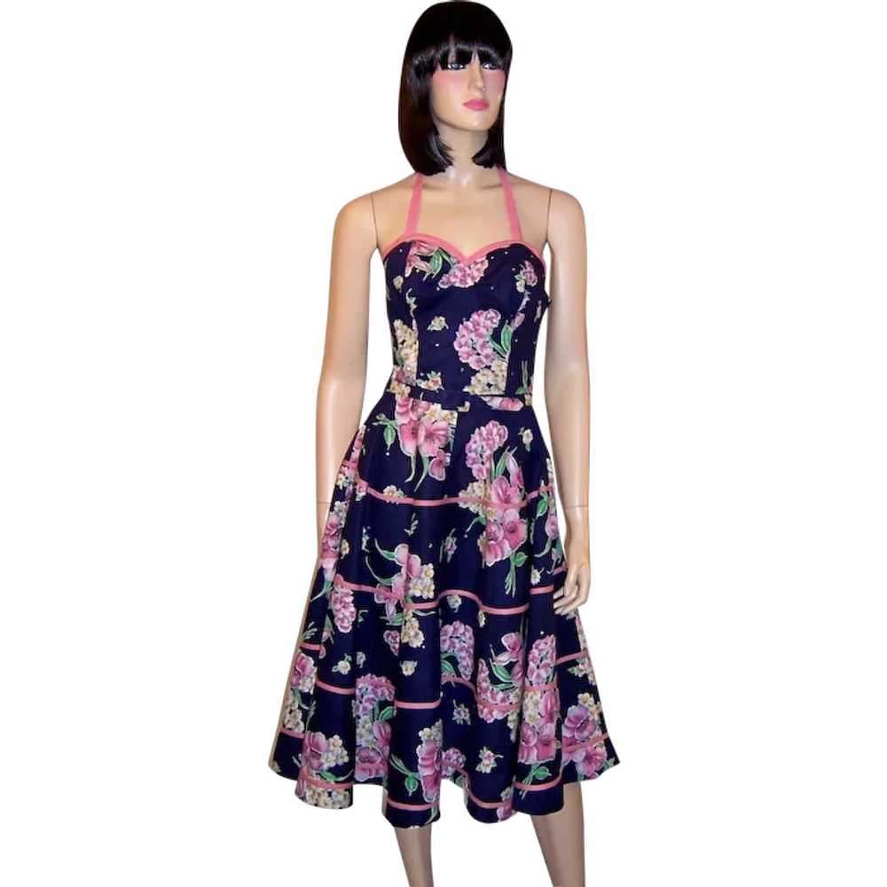 Fanciful 50's Navy and Pink Sundress with Halter … - image 1