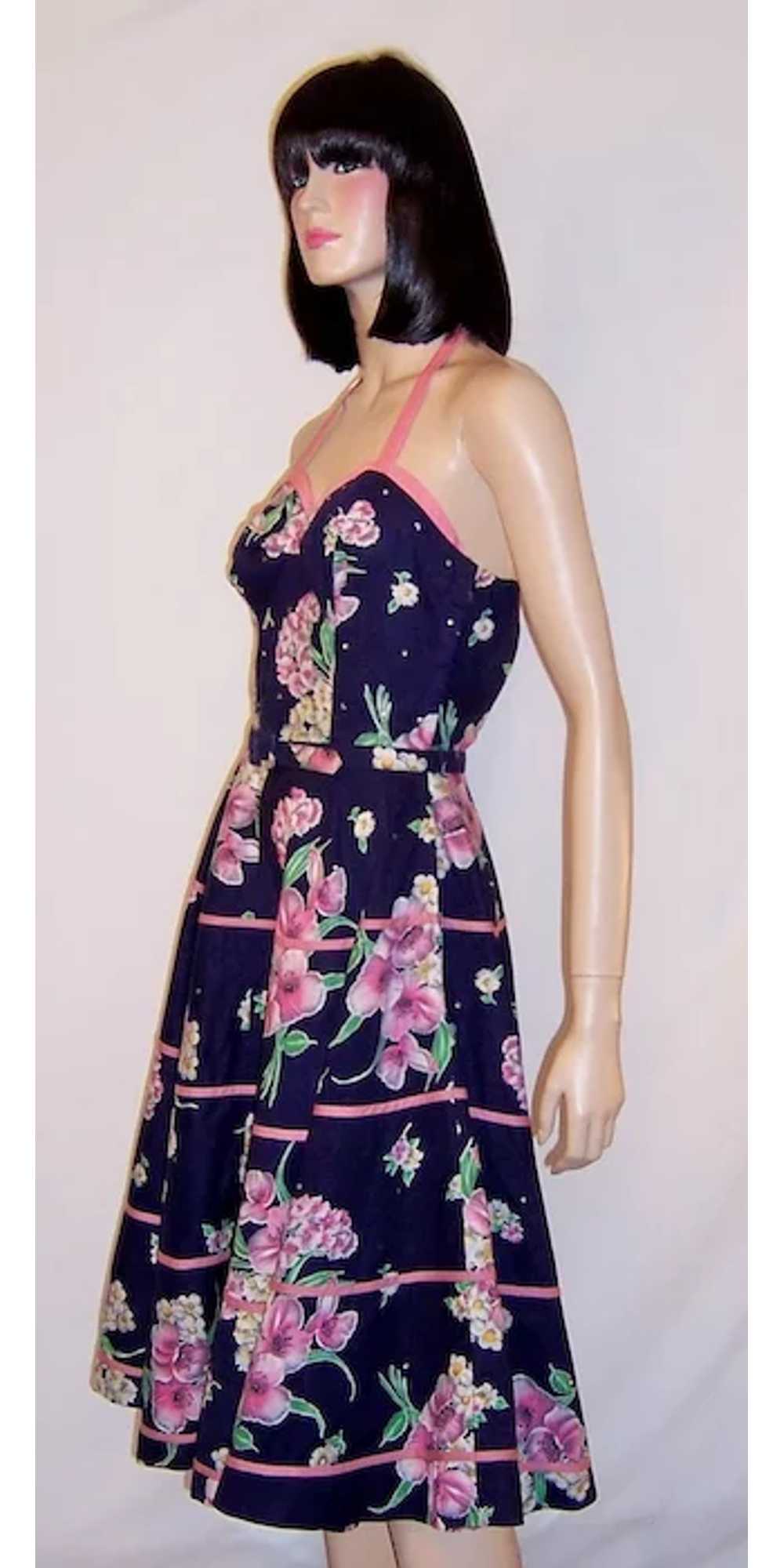 Fanciful 50's Navy and Pink Sundress with Halter … - image 2