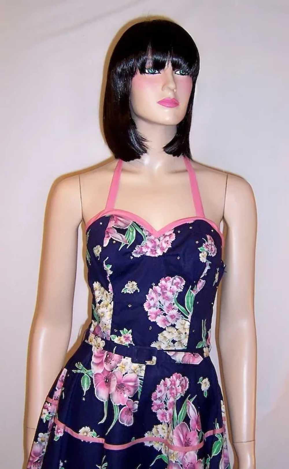 Fanciful 50's Navy and Pink Sundress with Halter … - image 5